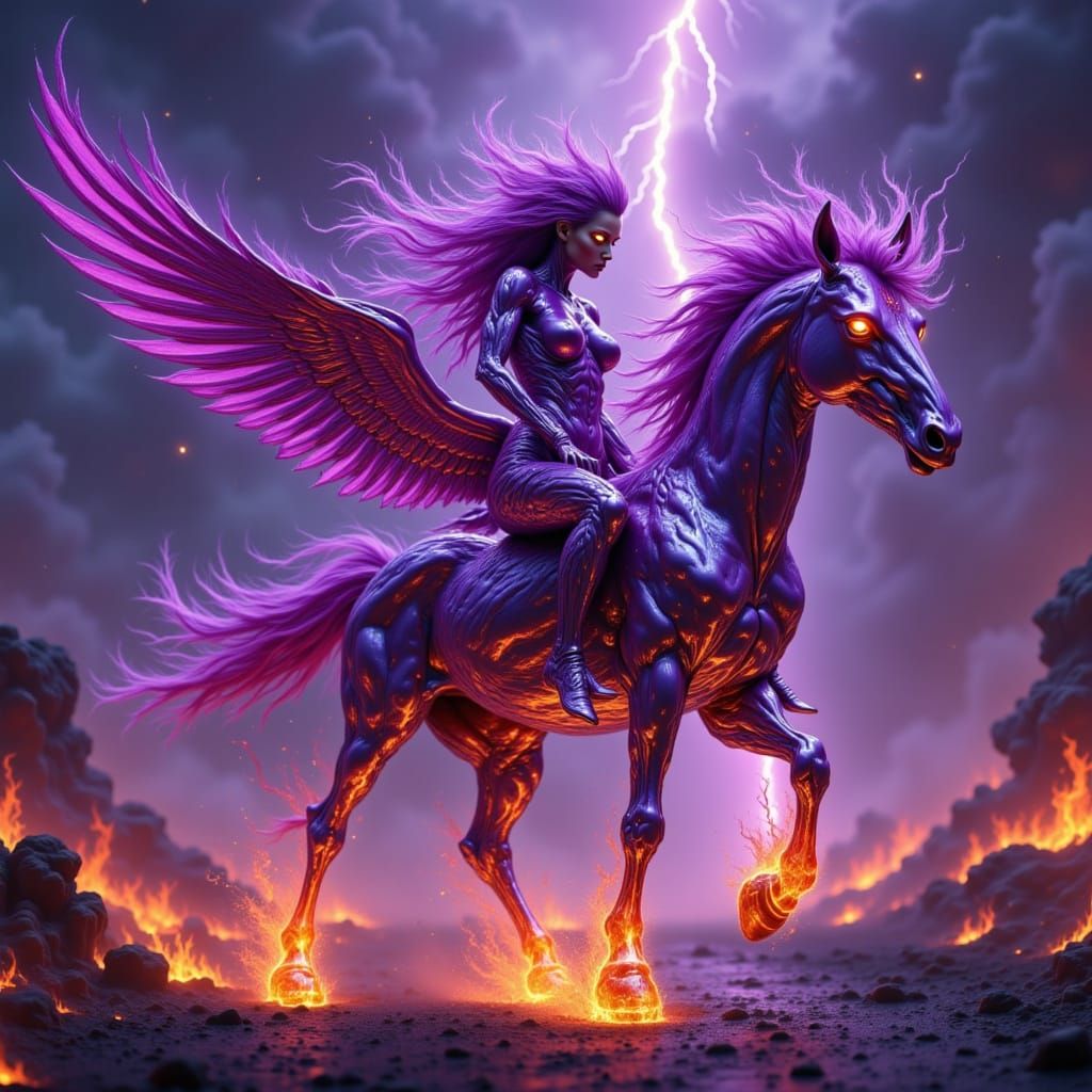 Purple Punk Rider on Metallic Pegasus Amidst Fiery Highway