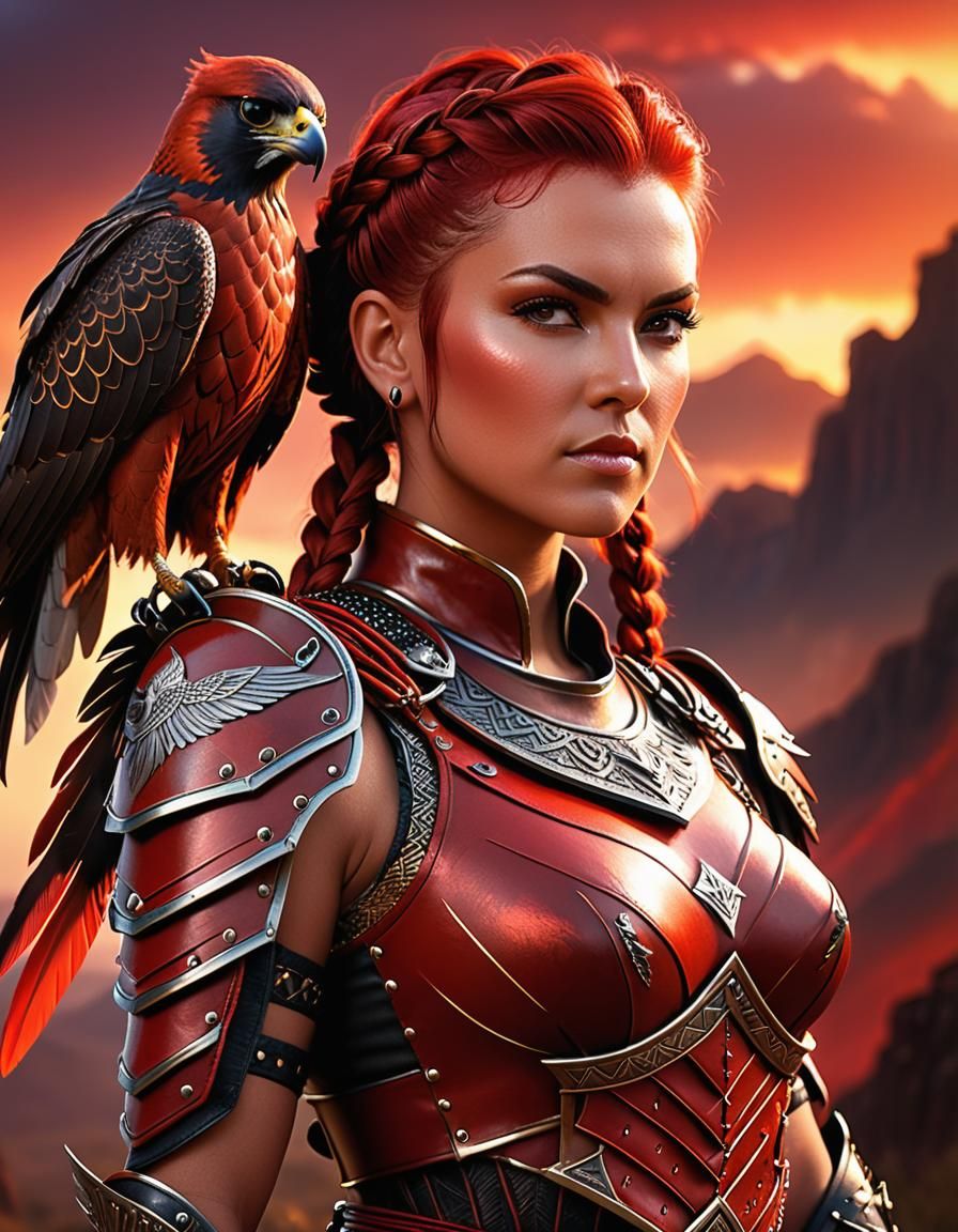 Red Armored Falconer with Red Falcon in Fantasy Art