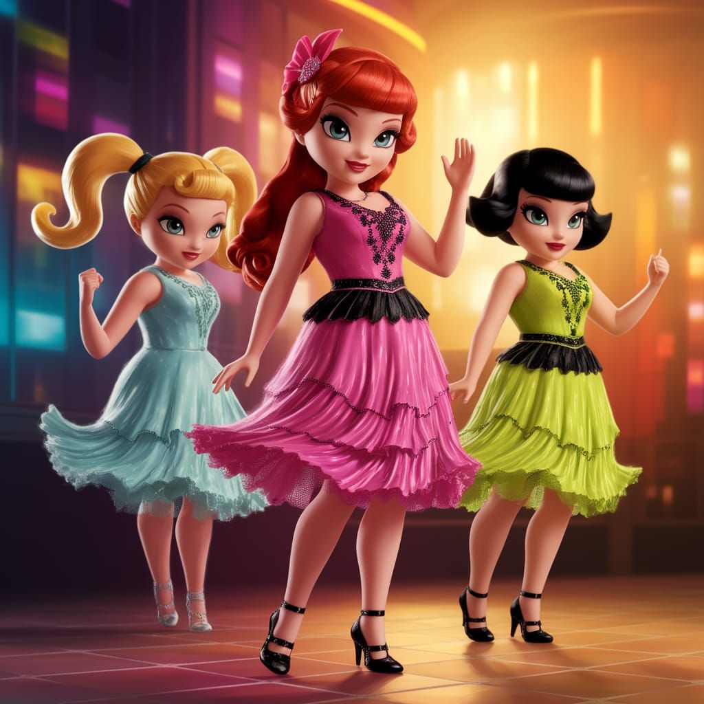 Elegant Flapper Power Puff Girls Dance in Golden Hues