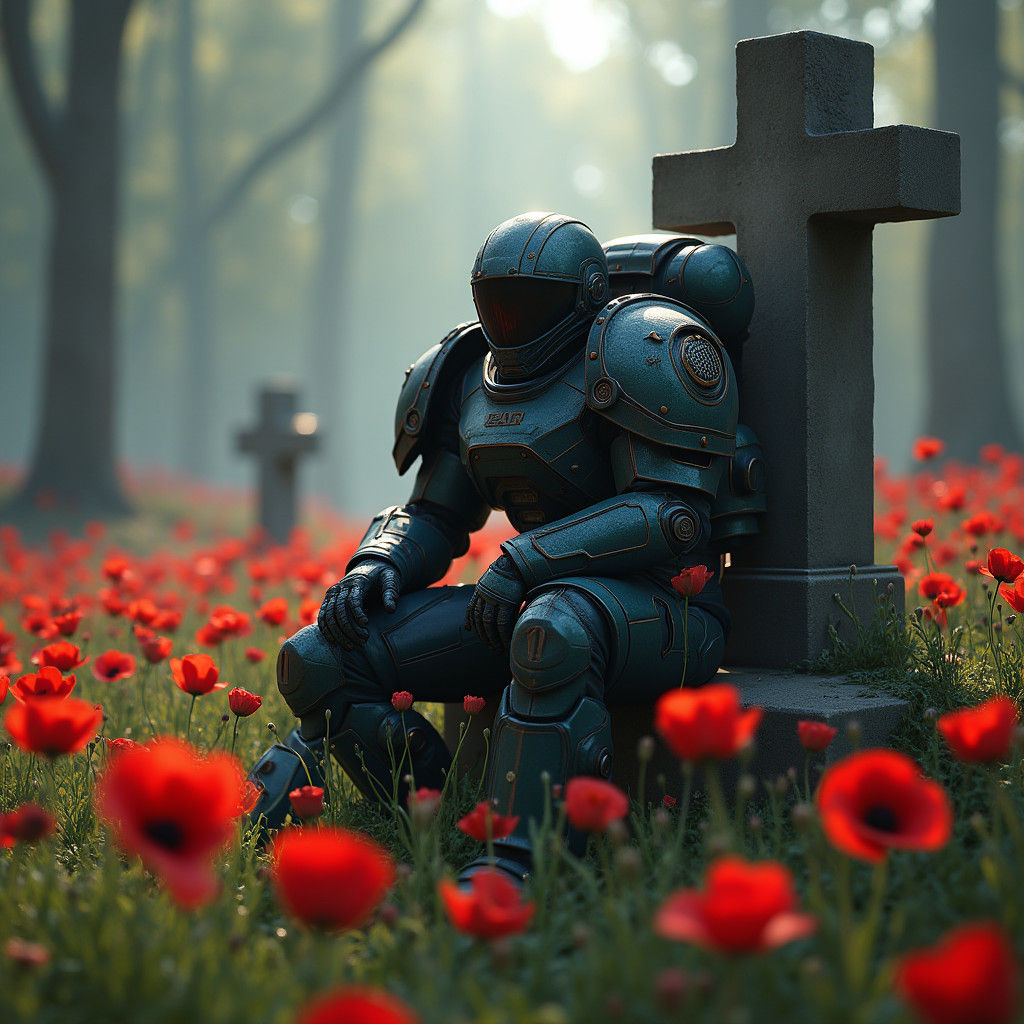 Space Marine in Poppy Field: Detailed Matte Painting