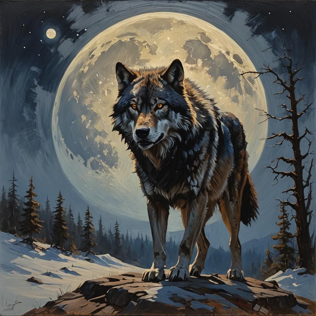Wolf Silhouette at Full Moon, Oil Painting