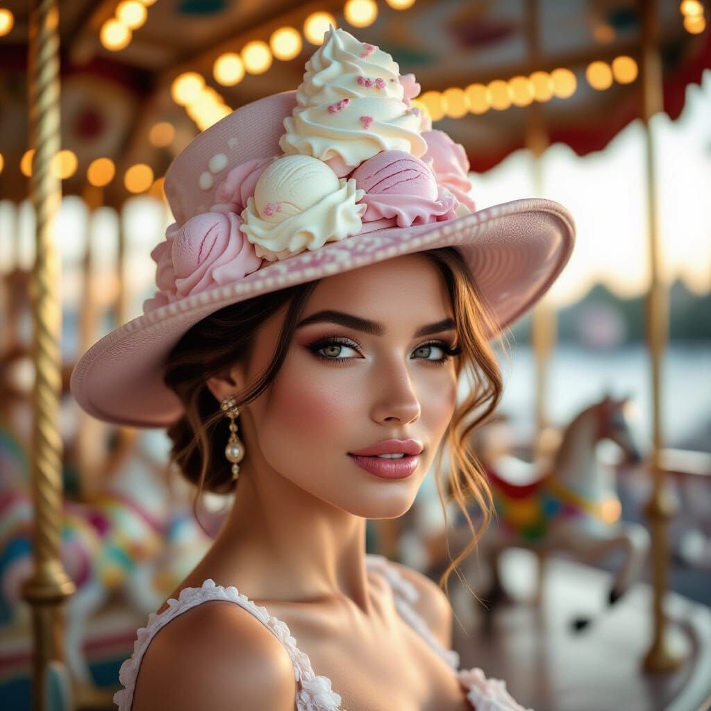 Woman in Melting Ice Cream Hat, Carousel Setting