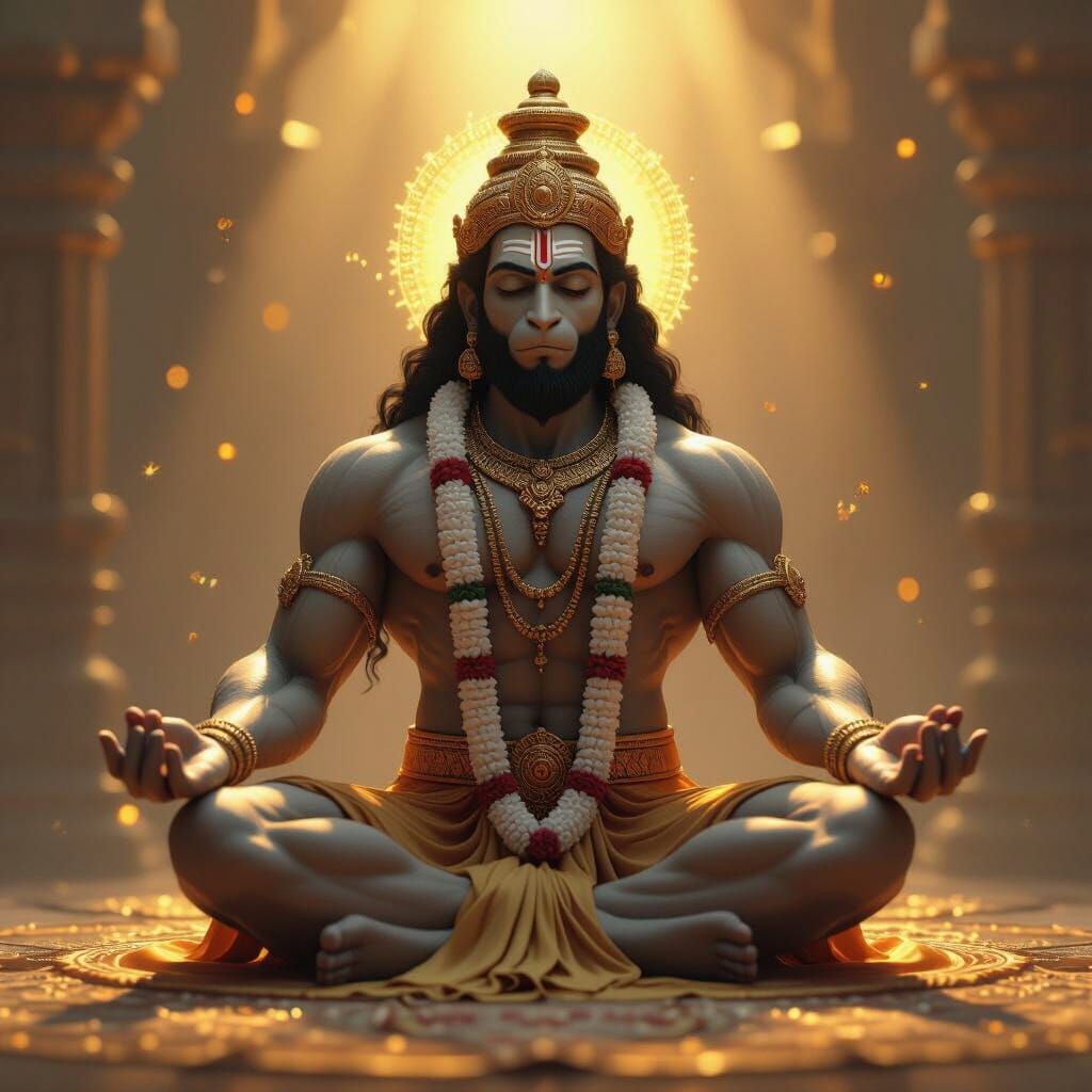 Lord Hanuman Meditating in Golden Light, 3D Render