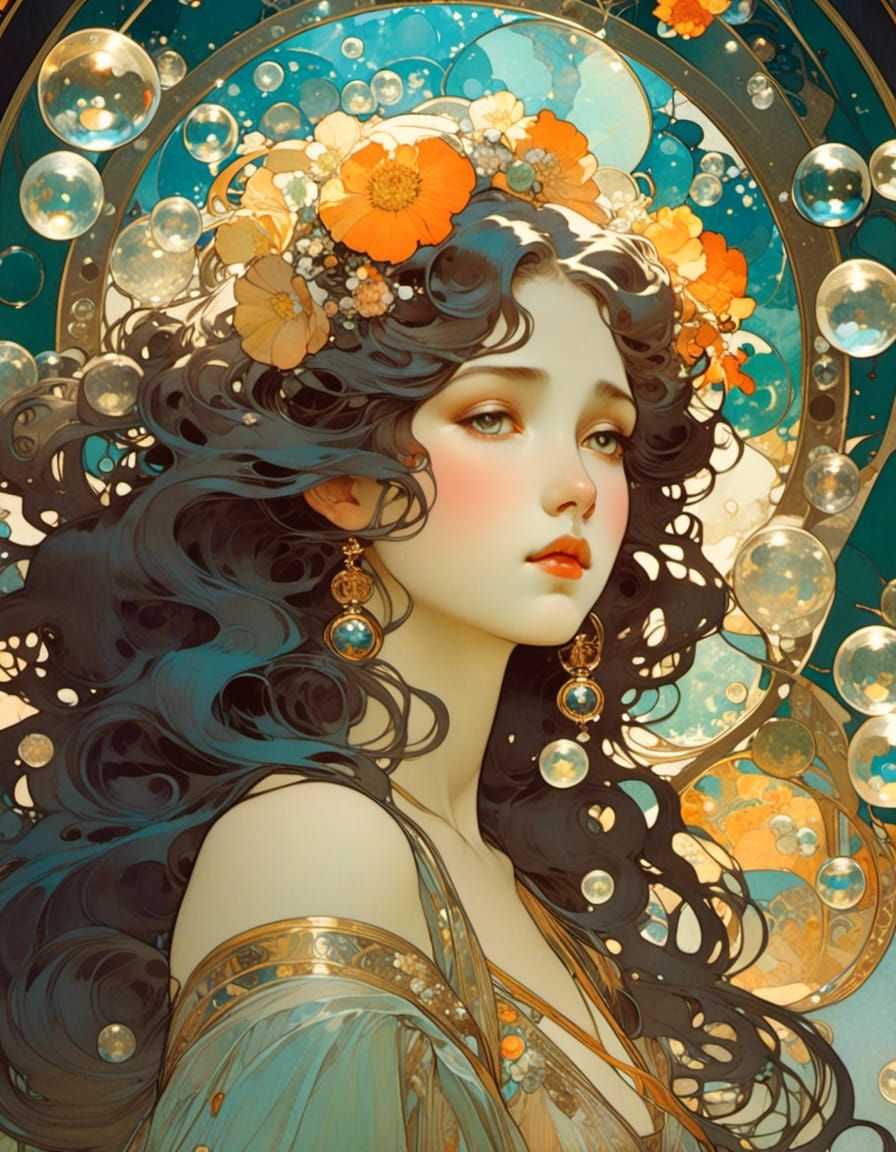 Ethereal Girl with Glass Bubble Hair in Art Nouveau Style
