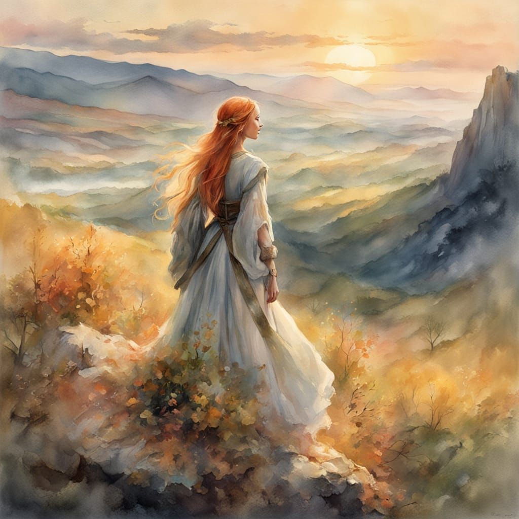 Norse Woman Sings on Mountainside in Watercolor Style