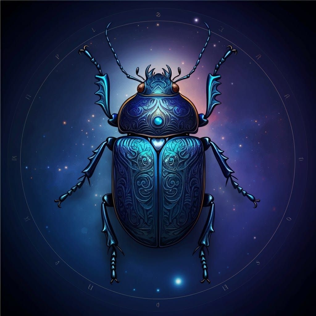 Majestic Blue Scarab Beetle with Ancient Jewelry Patterns