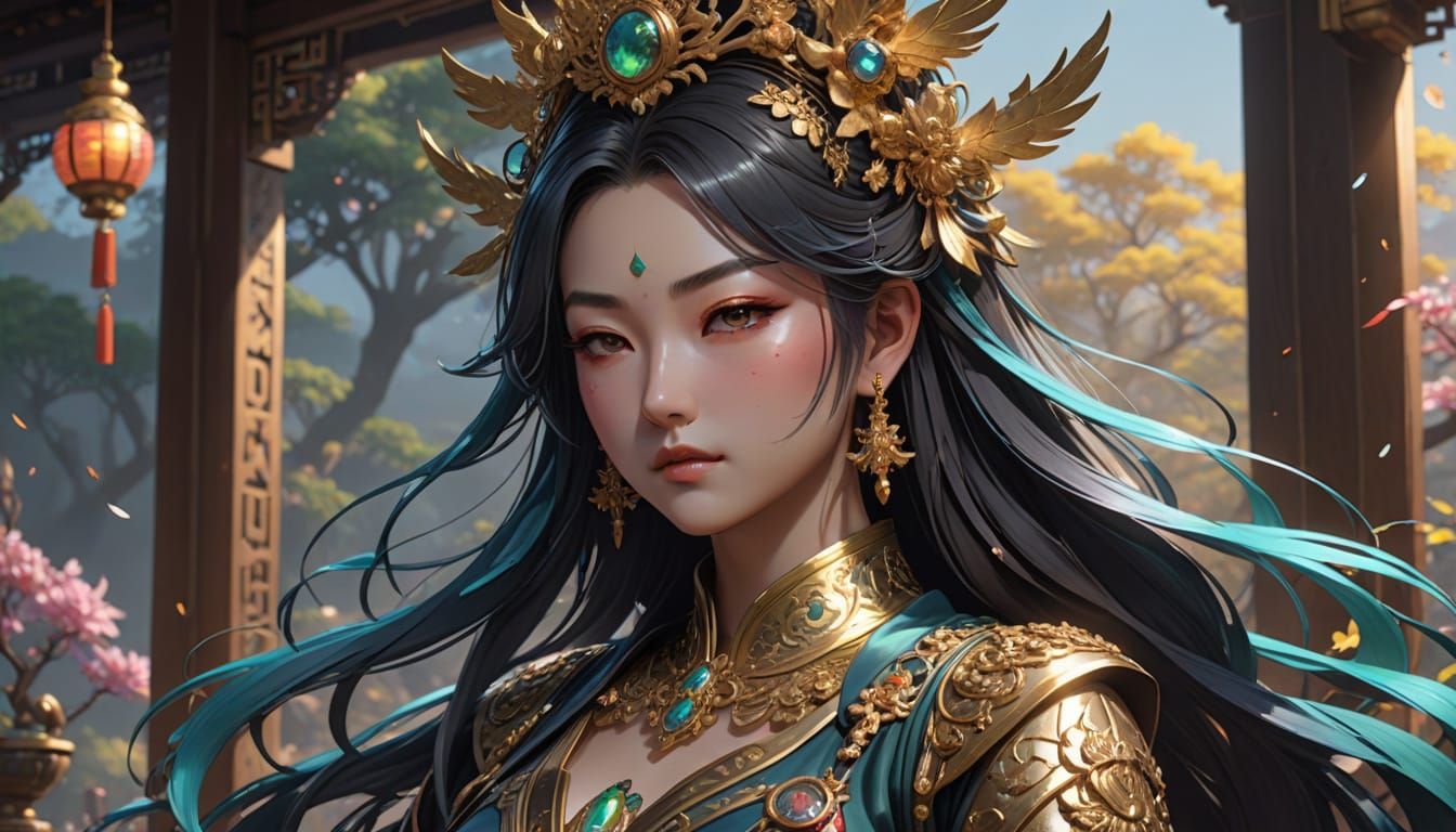 Beautiful Guanyin Bodhisattva Girl in Serene Golden Hour