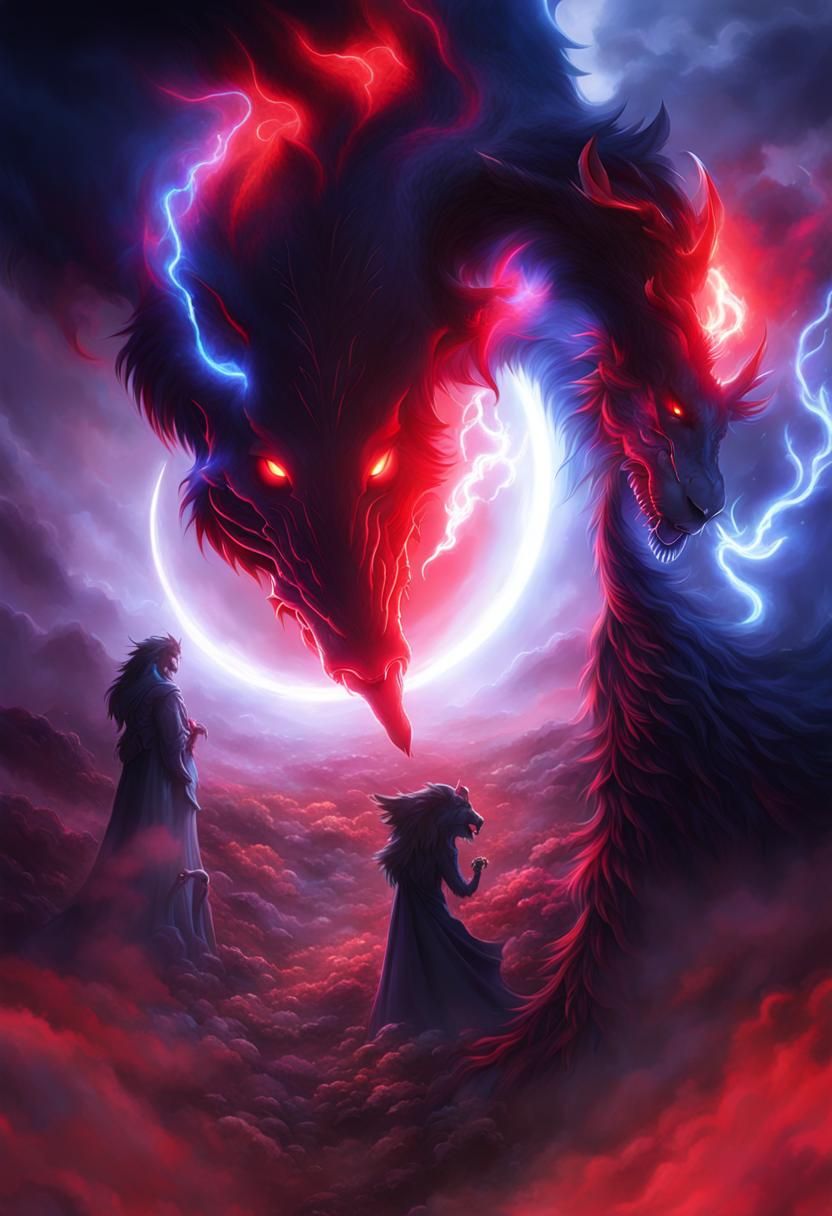 Dragon and Lion Stare in Dark Fantasy 3D Anime Art