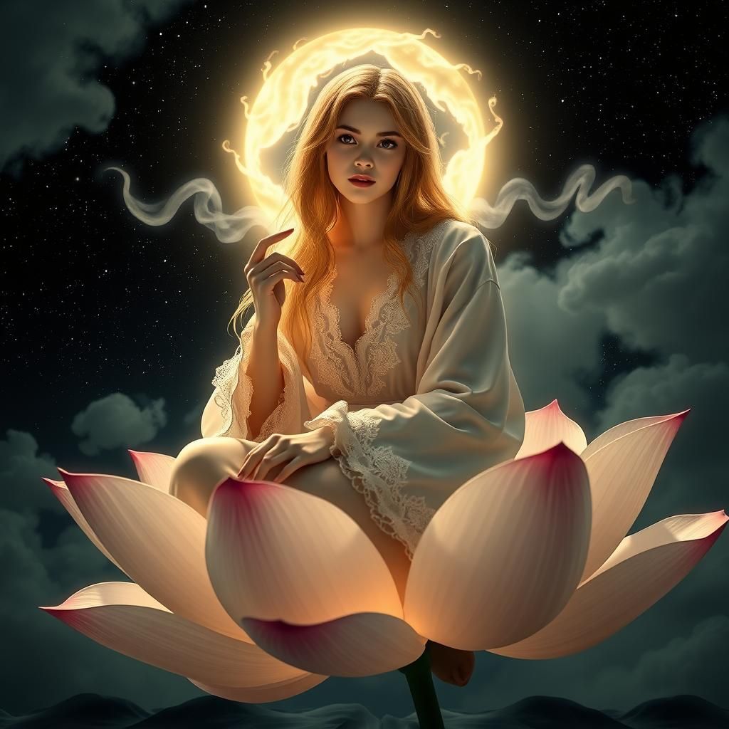 Ethereal Woman on Lotus Conversing with Celestial Being