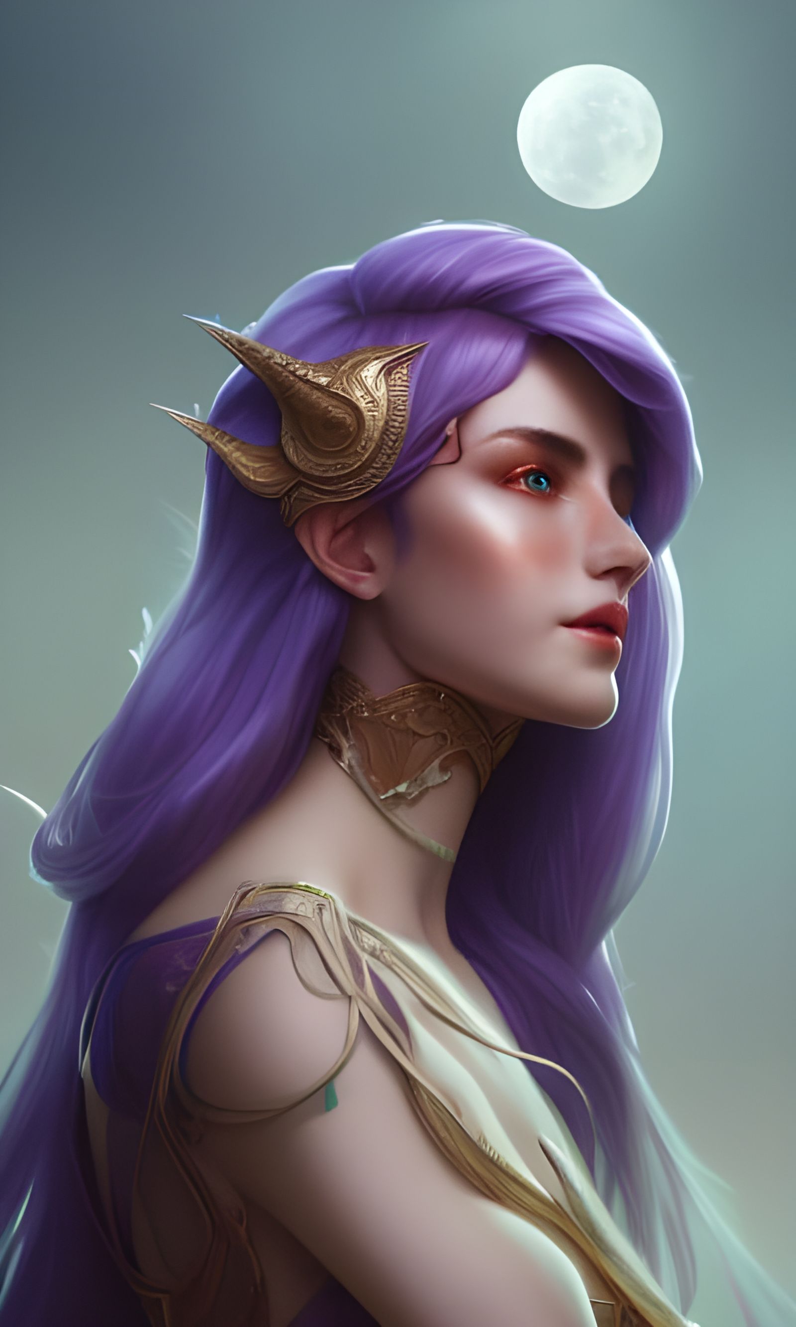 Detailed Moon Elf Portrait in Art Nouveau Style