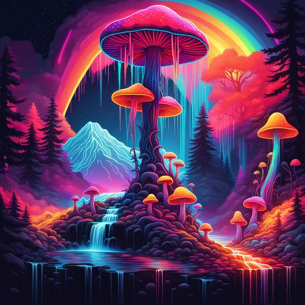 Psychedelic Waterfall with Neon Rainbow Mushrooms