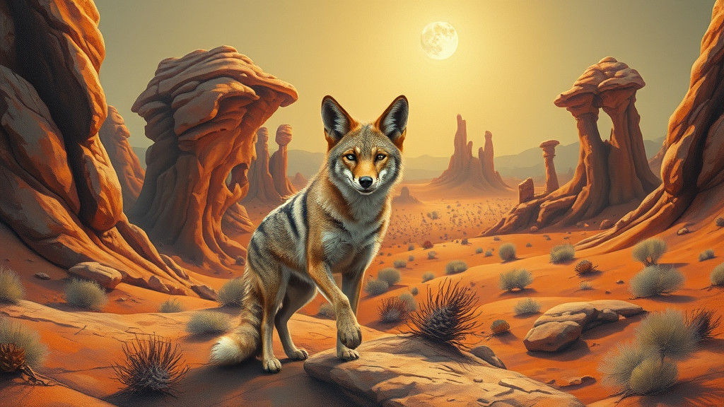 Coyote in Surreal Arizona Desert Landscape as Oil Painting