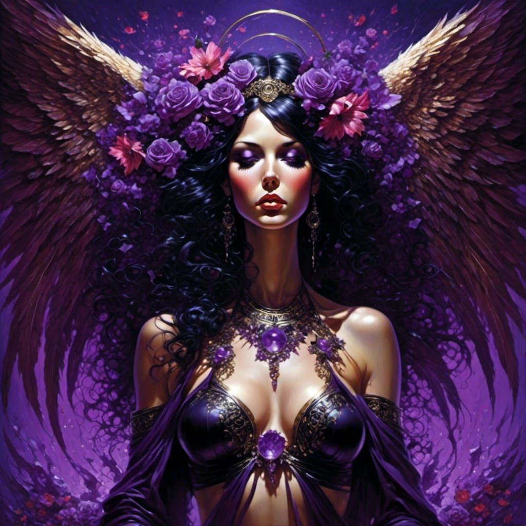 Violet Angel in Black Bikini: Dark Fantasy Art