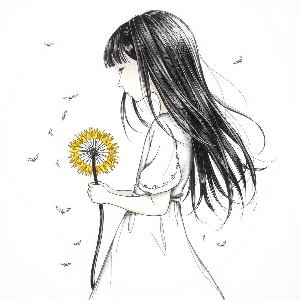 Girl with Dandelion in Dreamy Graphite Illustration