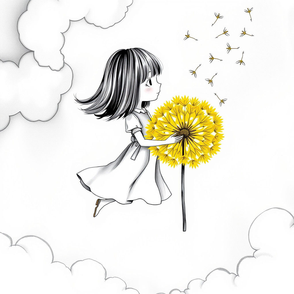 Girl with Dandelion in Dreamy Sky