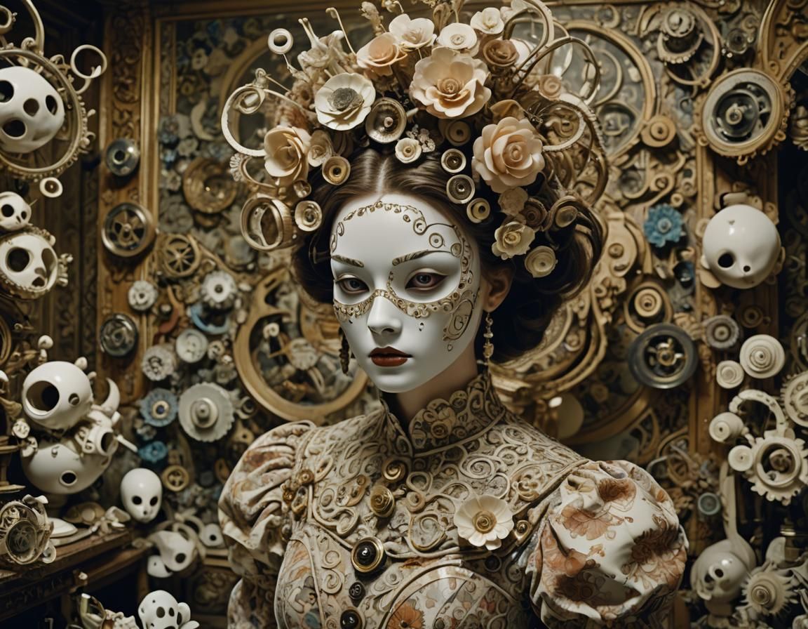 Surreal Woman in Ornate Room with Clockwork Creatures