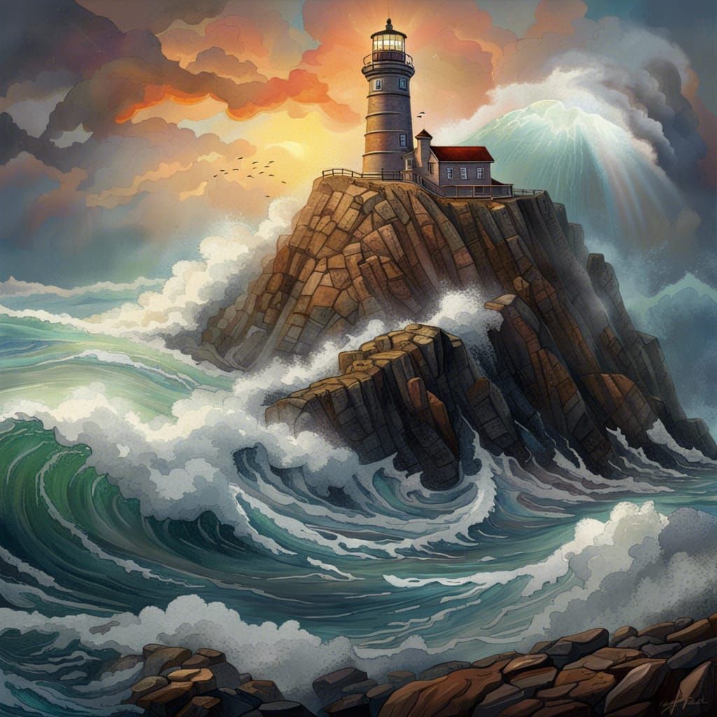 Lighthouse on Rocky Cliff in Detailed Oil Painting