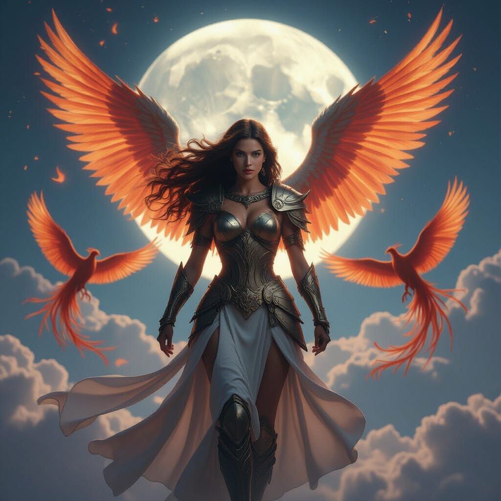 Epic Goddess with Phoenixes Under Moonlight Sky