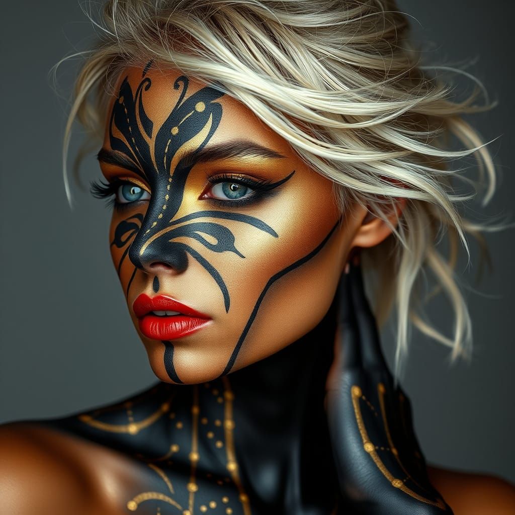 Hyperrealistic Body Paint Art of a Woman with Elaborate Desi...