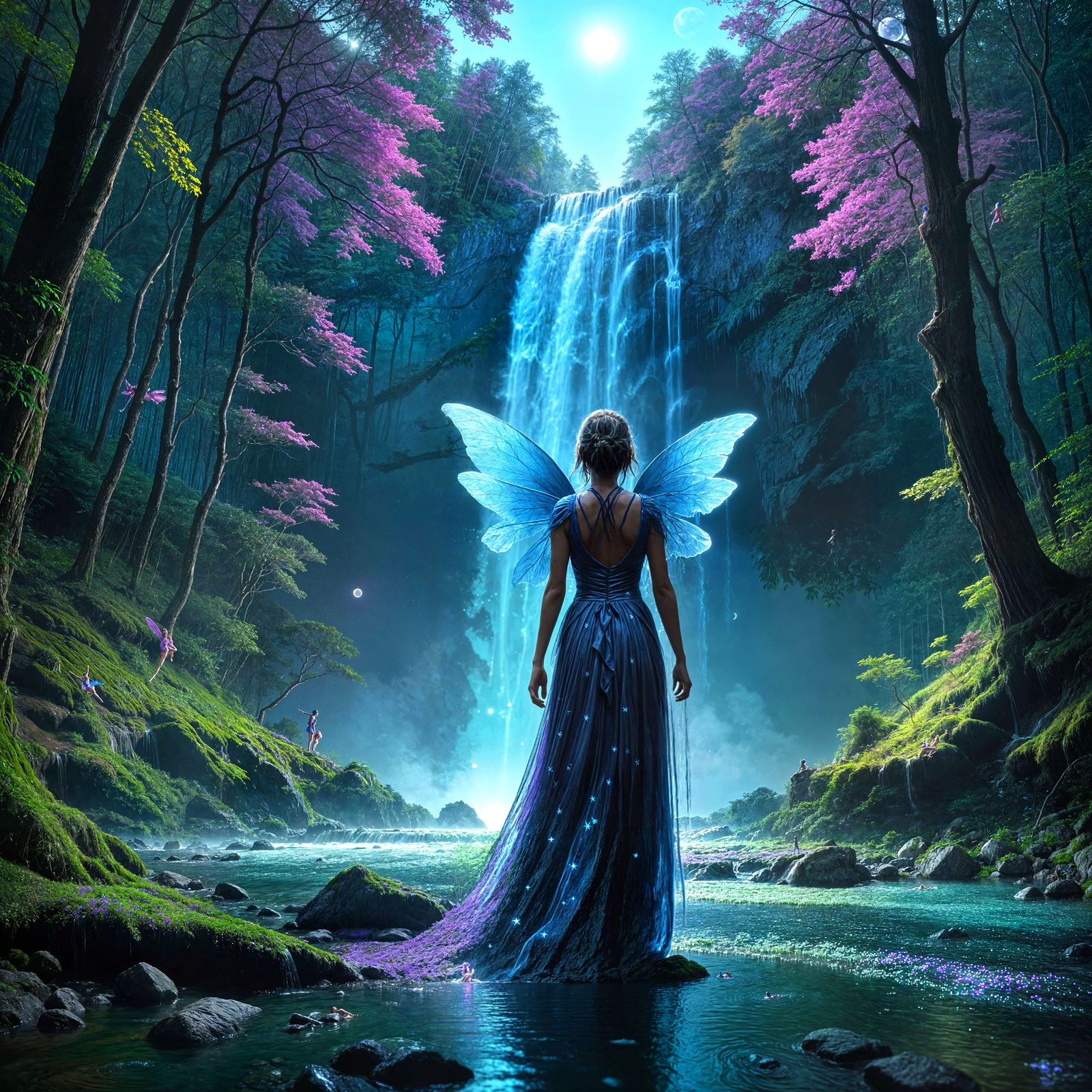 Neon Blue and Purple Fairies Dance Under Starry Night Sky