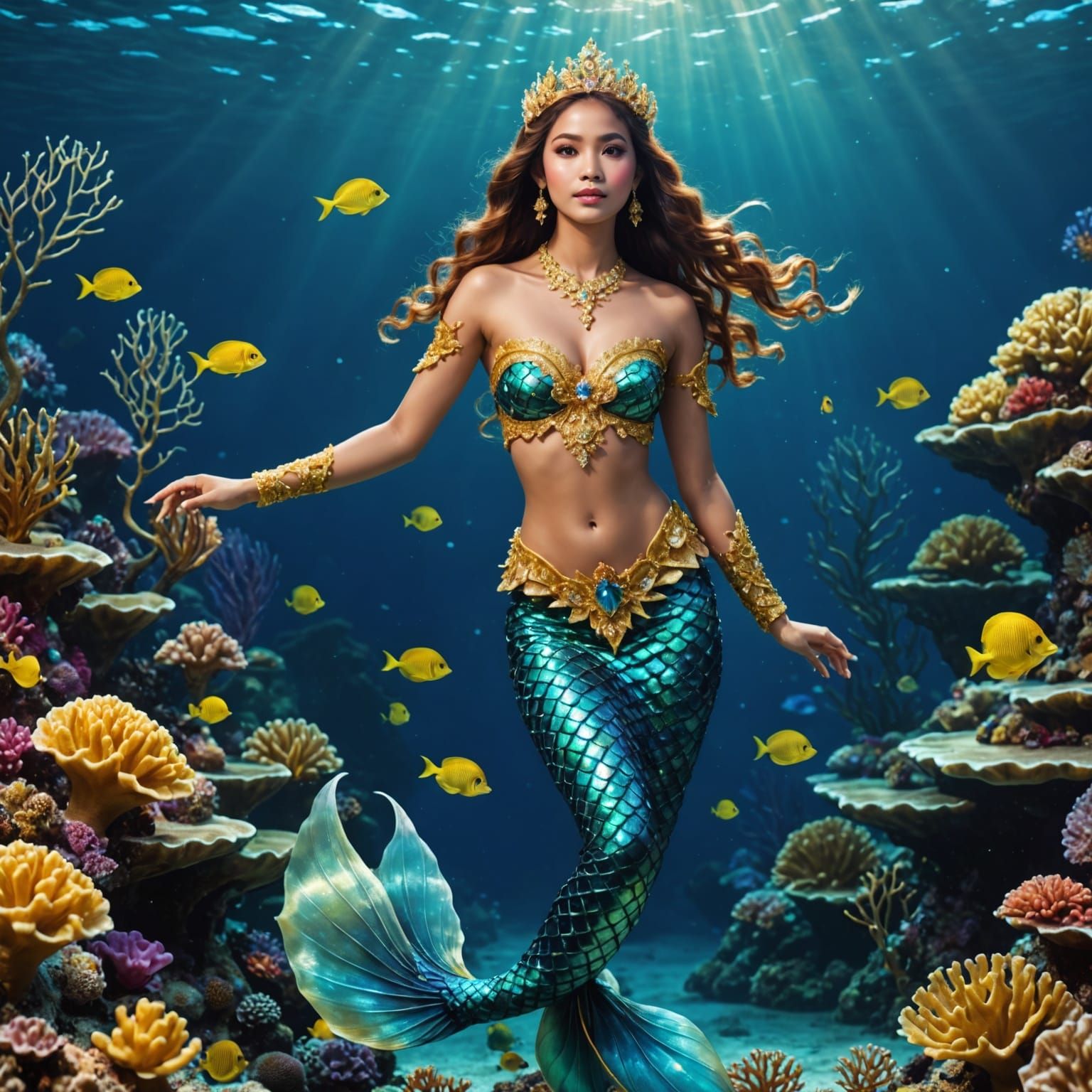 Thai Mermaid in Golden Traditional Costume