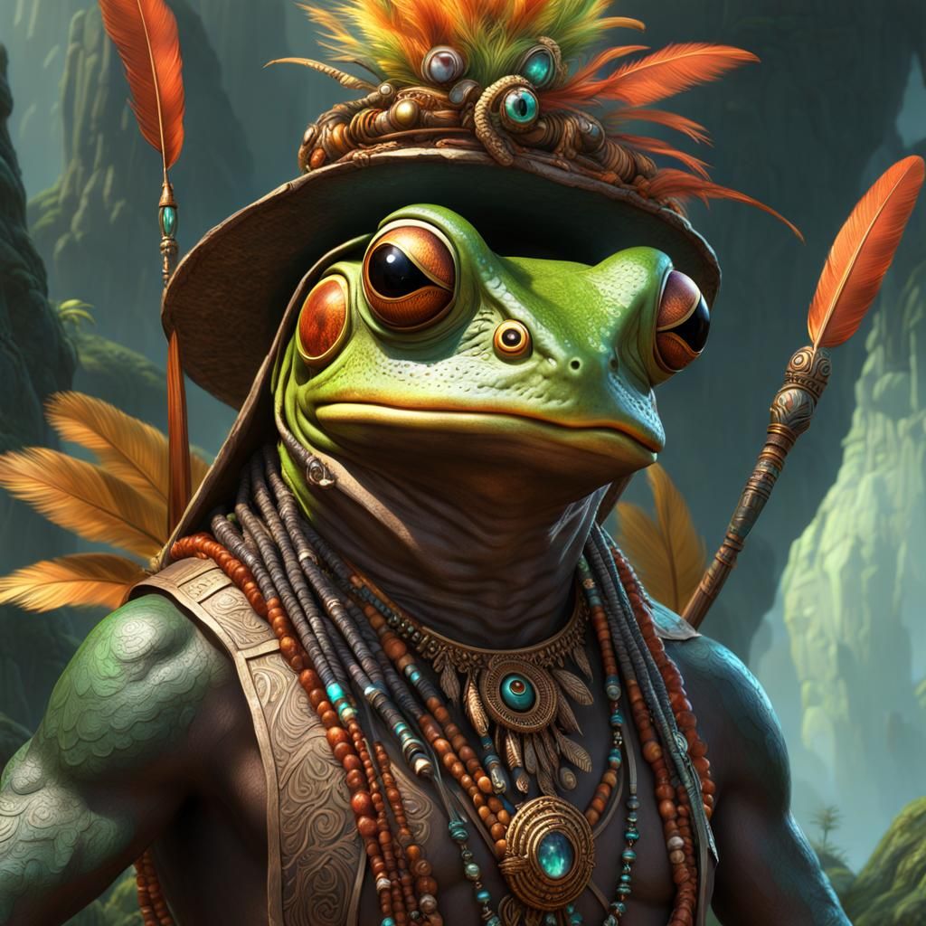 Inca Frog Folk with Crystal Staff: Dark Fantasy Art