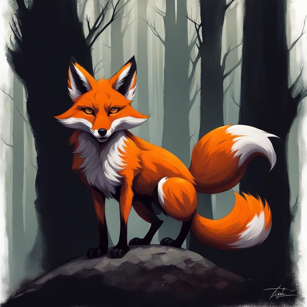 Sinister Two-Tailed Fox in Fantasy Art Style