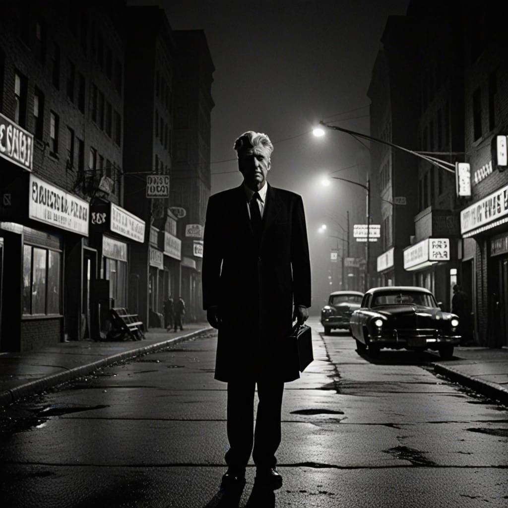 David Lynch in a Film Noir Cityscape, Blending Hitchcock and...