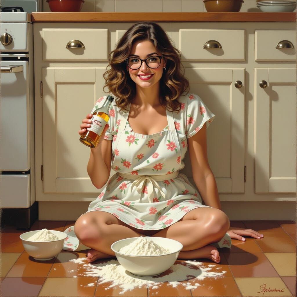 Woman's Mischievous Moment in a Sunlit Kitchen