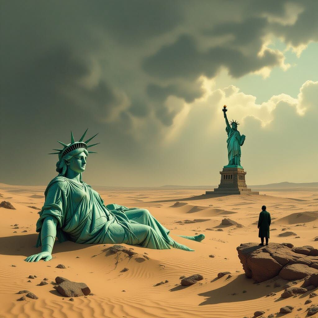 Apocalyptic Desert Landscape with Fallen Statue of Liberty