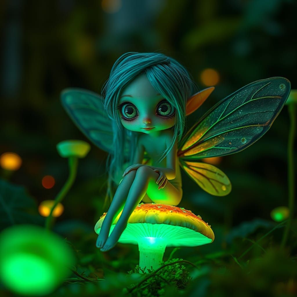 Ethereal Fairy on Fluorescent Mushroom, Macro Photography