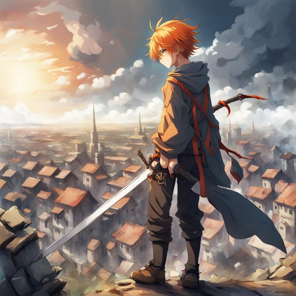 Anime Boy Contemplates Ruined Town