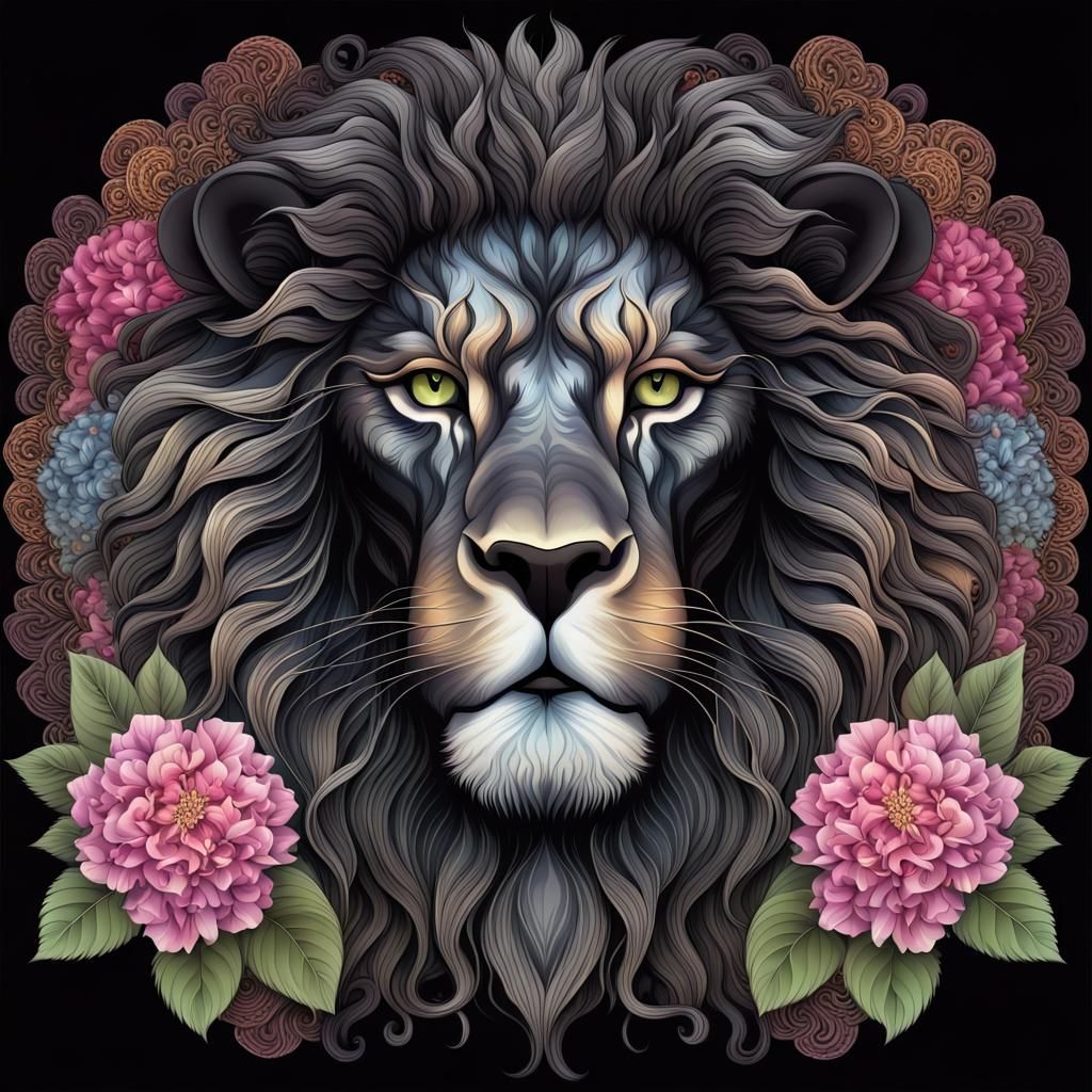 Majestic Black Lion with Floral Mandala
