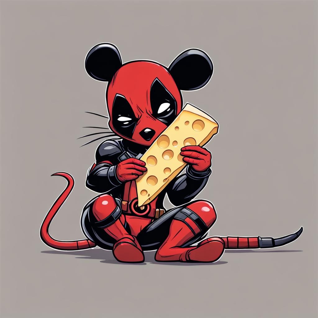Deadpool as Mouse Holding Cheese Slice