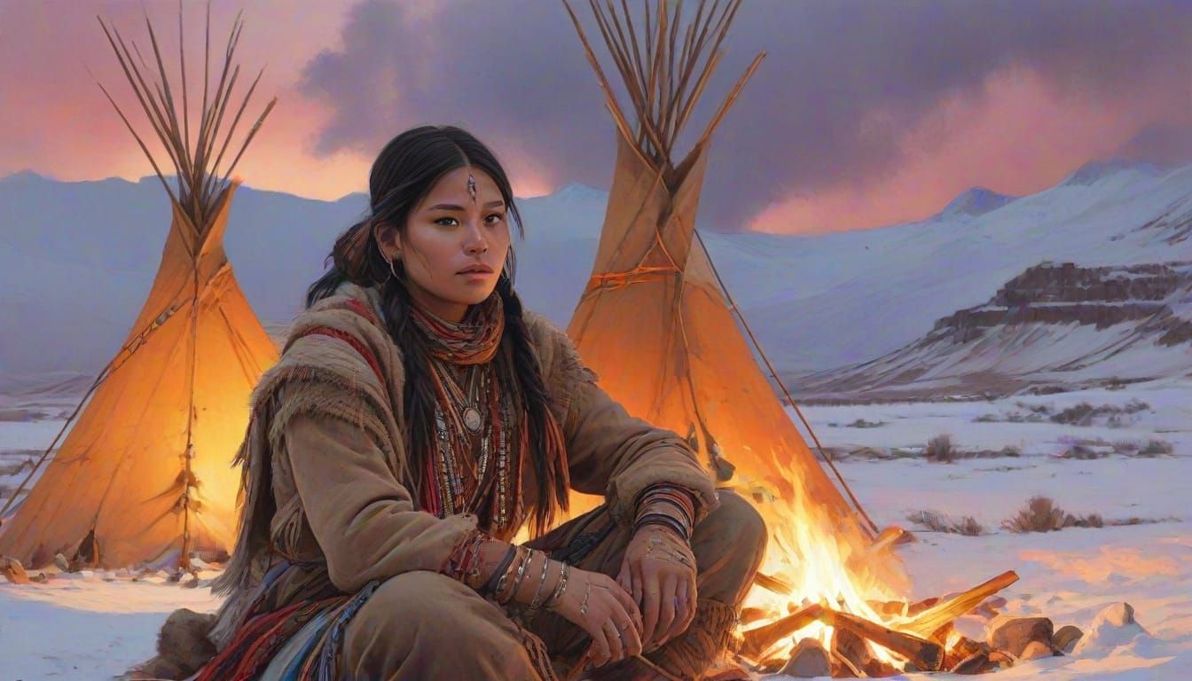 Navajo Warrior Girl in Stormy Landscape, Colourful Watercolo...