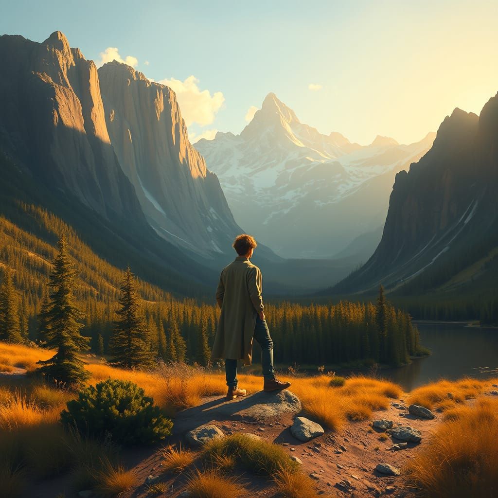 Man in Mountain Landscape Inspired by Luminism