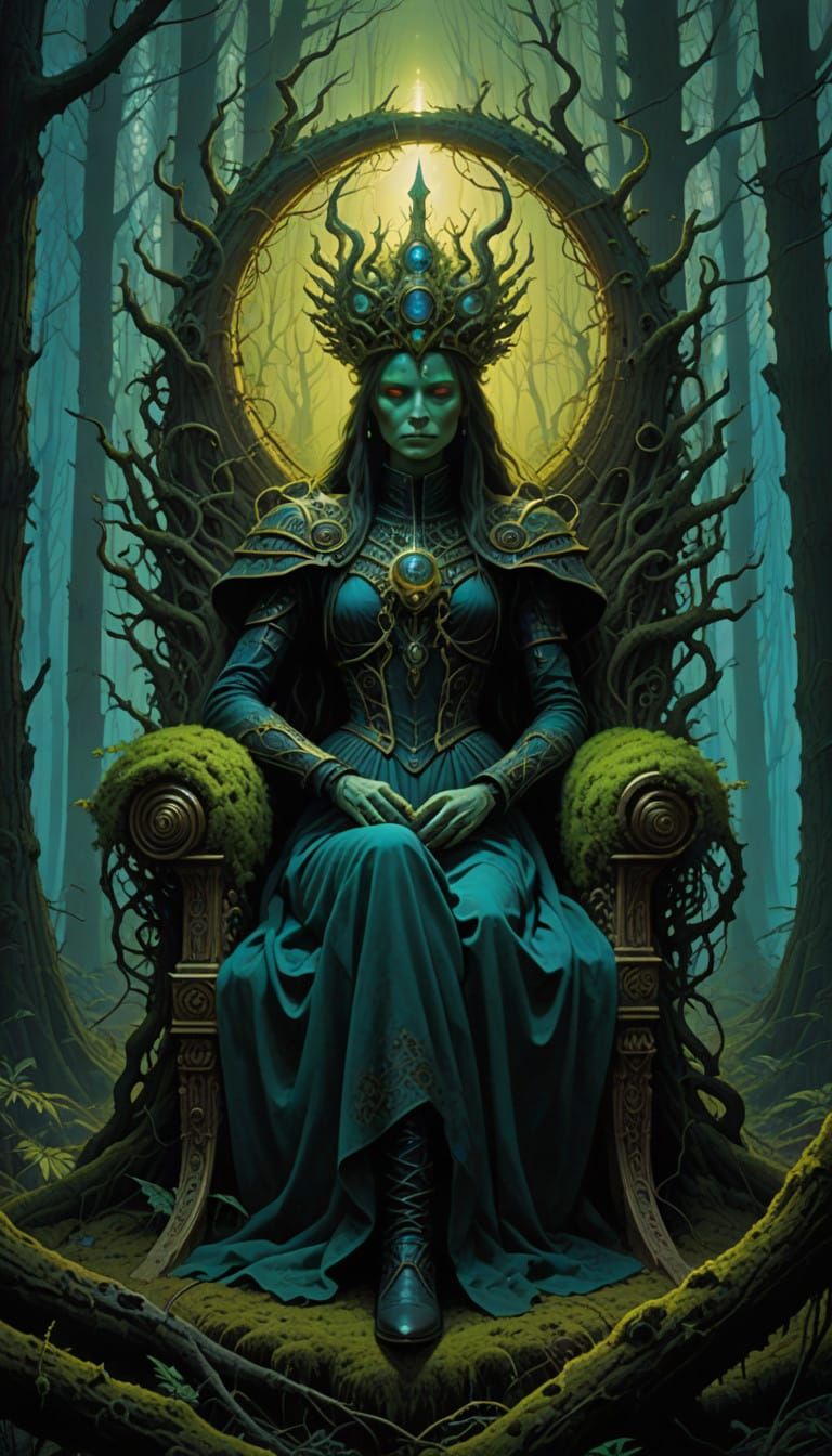 Surreal Demon Queen of Fungi in Mystical Forest