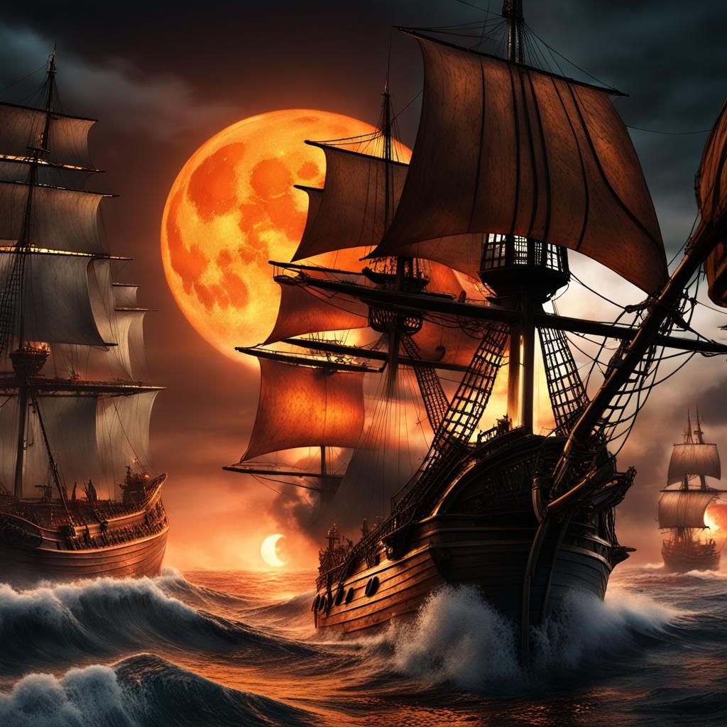 Epic Pirate Ship Battle Under Orange Moon