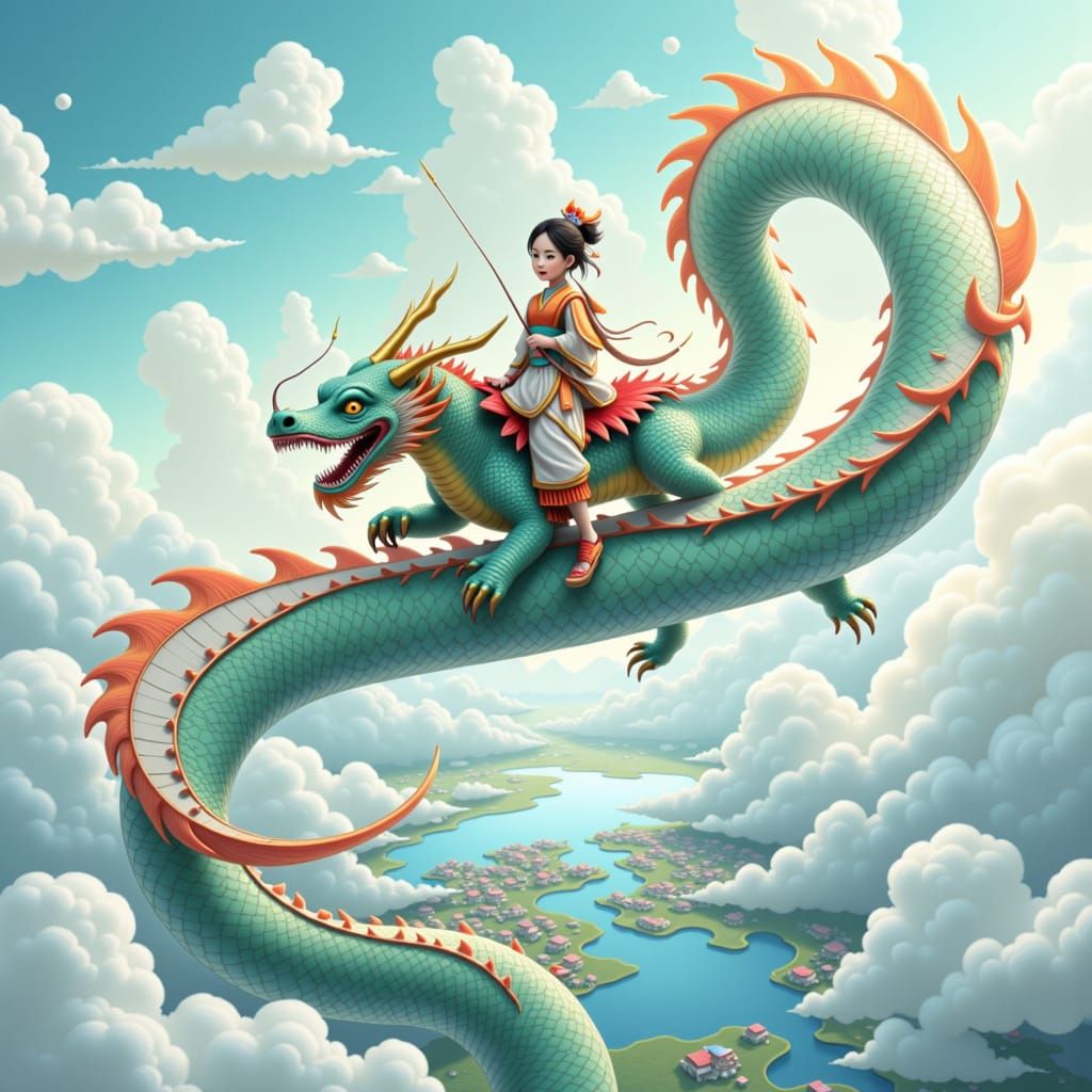 Dragon Rider Soaring Above Village in Digital Painting Style