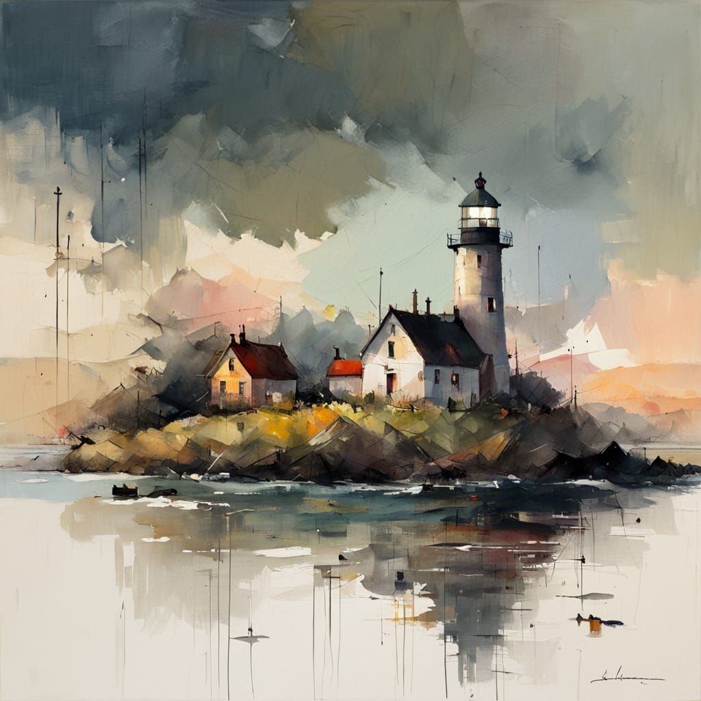 Luminous Lighthouse on a Serene Island Amidst a Stormy Eveni...