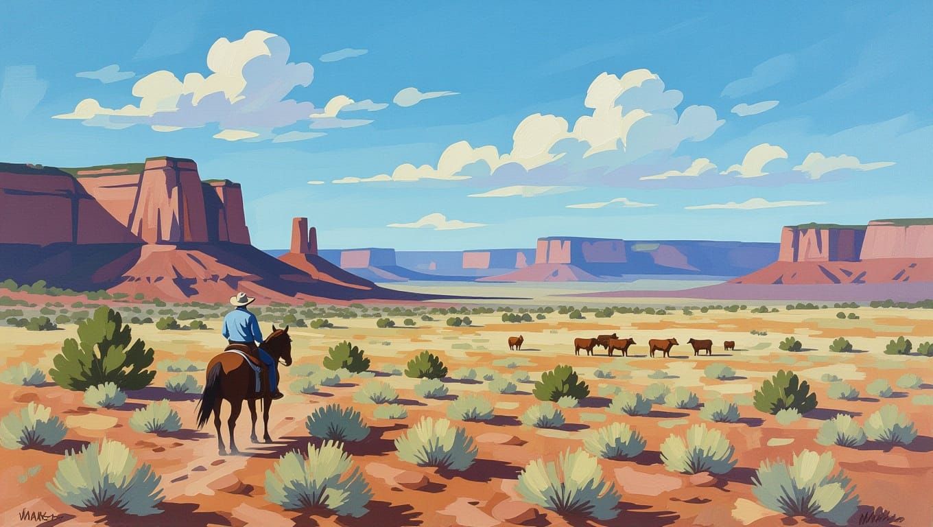 Lone Cowboy Watches Cattle in Monochromatic Landscape Oil Pa...