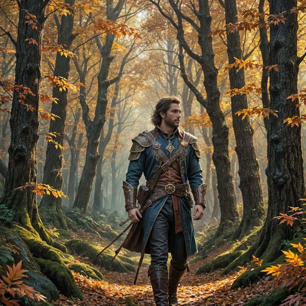 Epic Fantasy Bard in Autumn Forest, Detailed Portrait