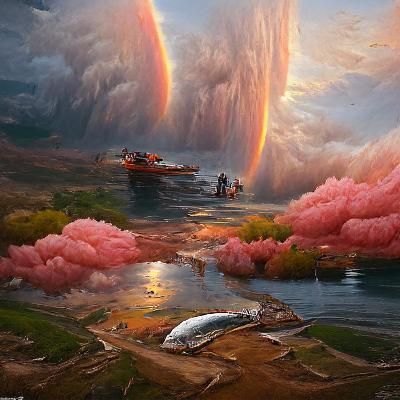 Double Rainbow Over Lake in Pink Sky