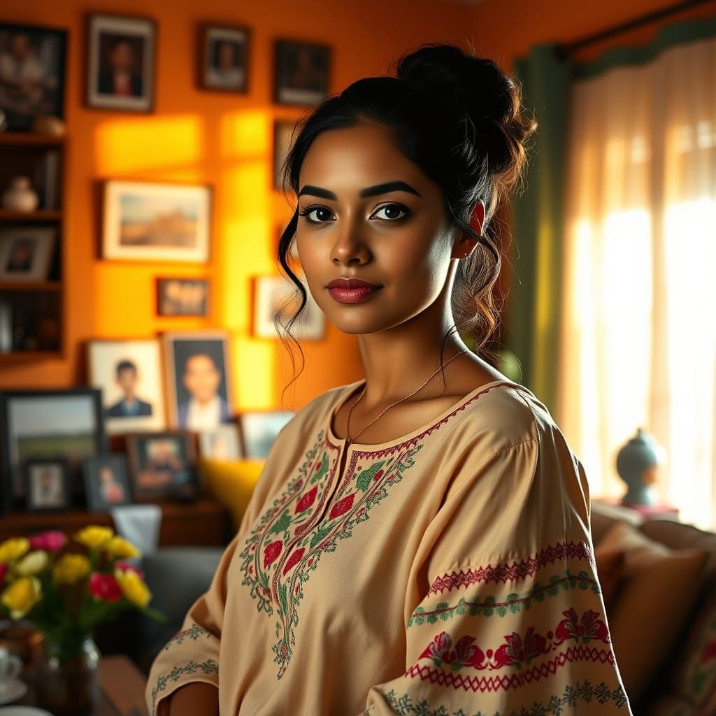 Latina Woman in Sunlit Living Room, Photorealistic Style
