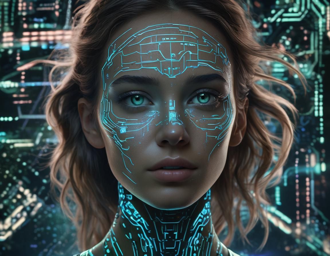 Glowing Cybernetic Woman in a Neon-Lit Futuristic Portrait