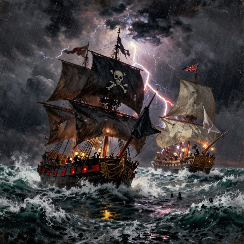 Dramatic Maritime Oil Painting of Pirate Ship in Storm