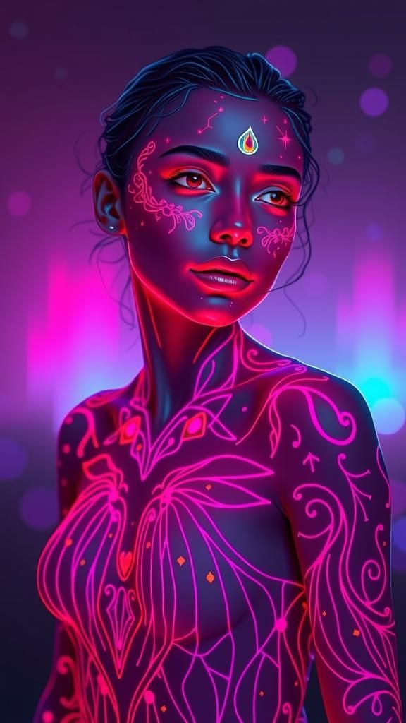 Ethereal Indian Woman in Vibrant, Neon-Lit Landscape