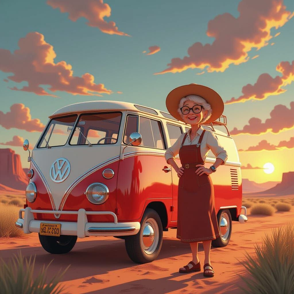 Cool Granny Poses by Vintage VW Van at Sunset
