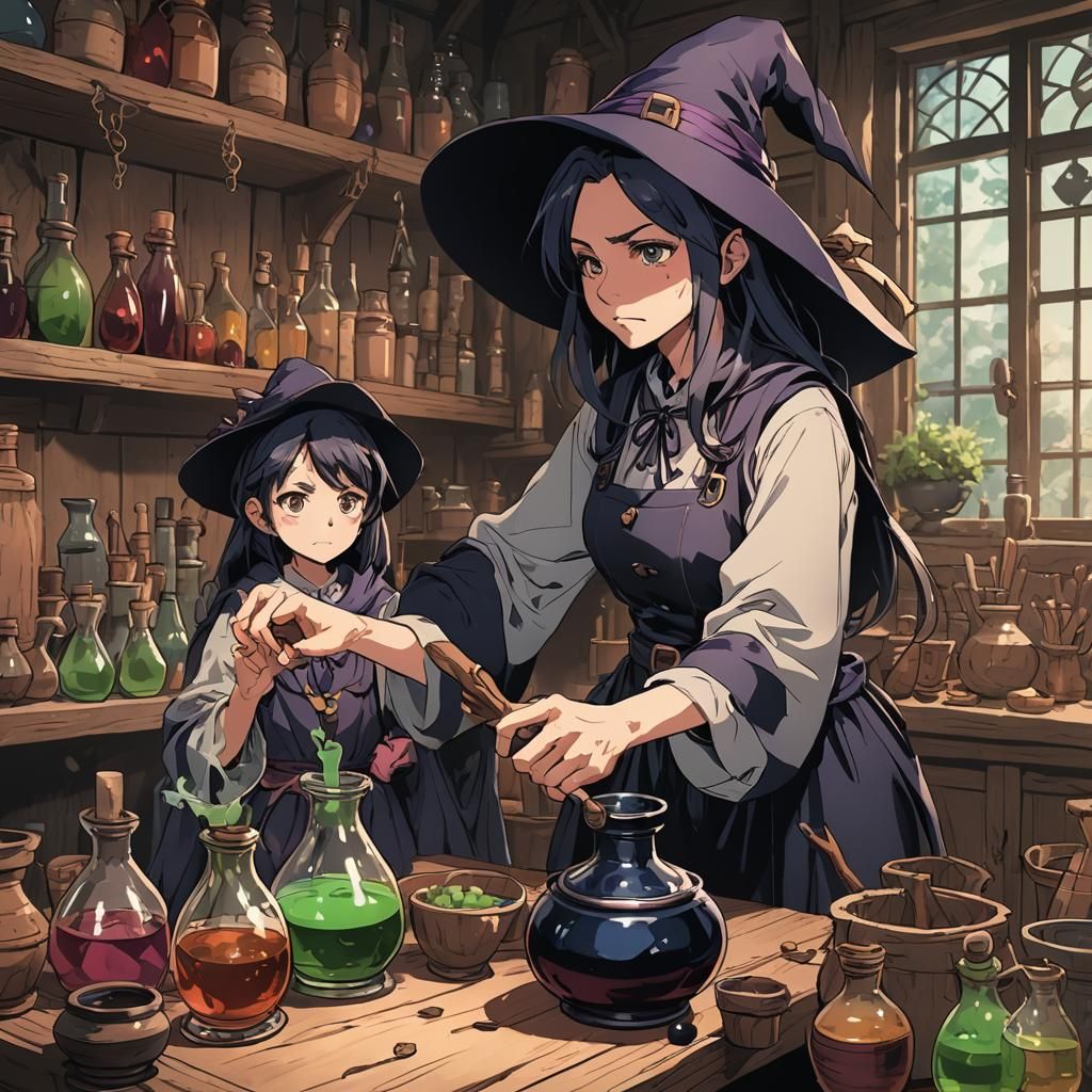 Anime Witches Brew Potions in Cel-Shaded Style
