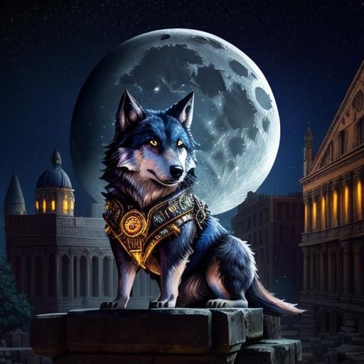 Steampunk Wolf Under Starry Sky and Moon